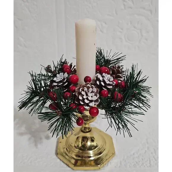 Christmas Candle Ring Faux Wreath Pinecone Red Berries Ralph Lauren Christmas - Picture 7 of 8